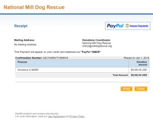 National Mill Dog Rescue Virtual Run Charity Receipt