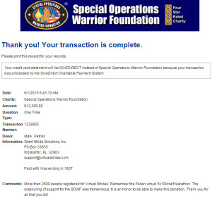 Special Operations Warrior Foundation Virtual Run Charity Receipt