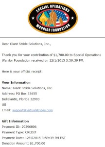 Special Operations Warrior Foundation Virtual Run Charity Receipt